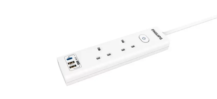 PHILIPS Power Extension Cord, 2 Sockets, USB, 2 x USB-A, 1 x USB-C, 2M, White CHP8223WA/89