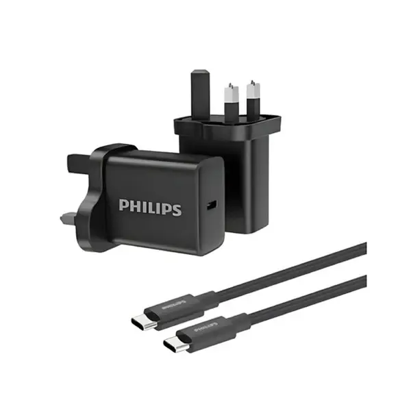 Philips DLP5313NB/05 Wall charger 45W with cable C-C, GaN Technology, Black, Comes with a 1-meter USB-C to USB-C cable., 