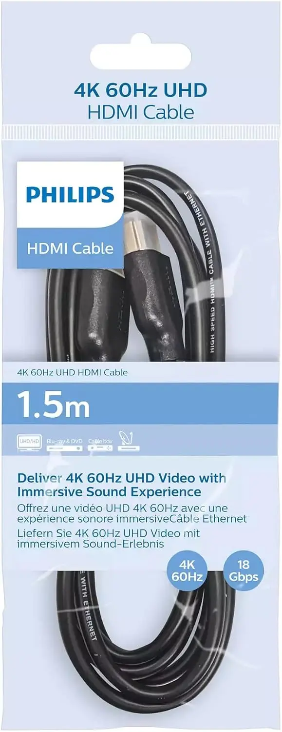 Philips SWV5510/40 HDMI cable, Ultra HD 4K resolution at 60 fps. full 32 chanels audio system with up to 1536 KHz rate, 18 Gbps, 1,5 m.