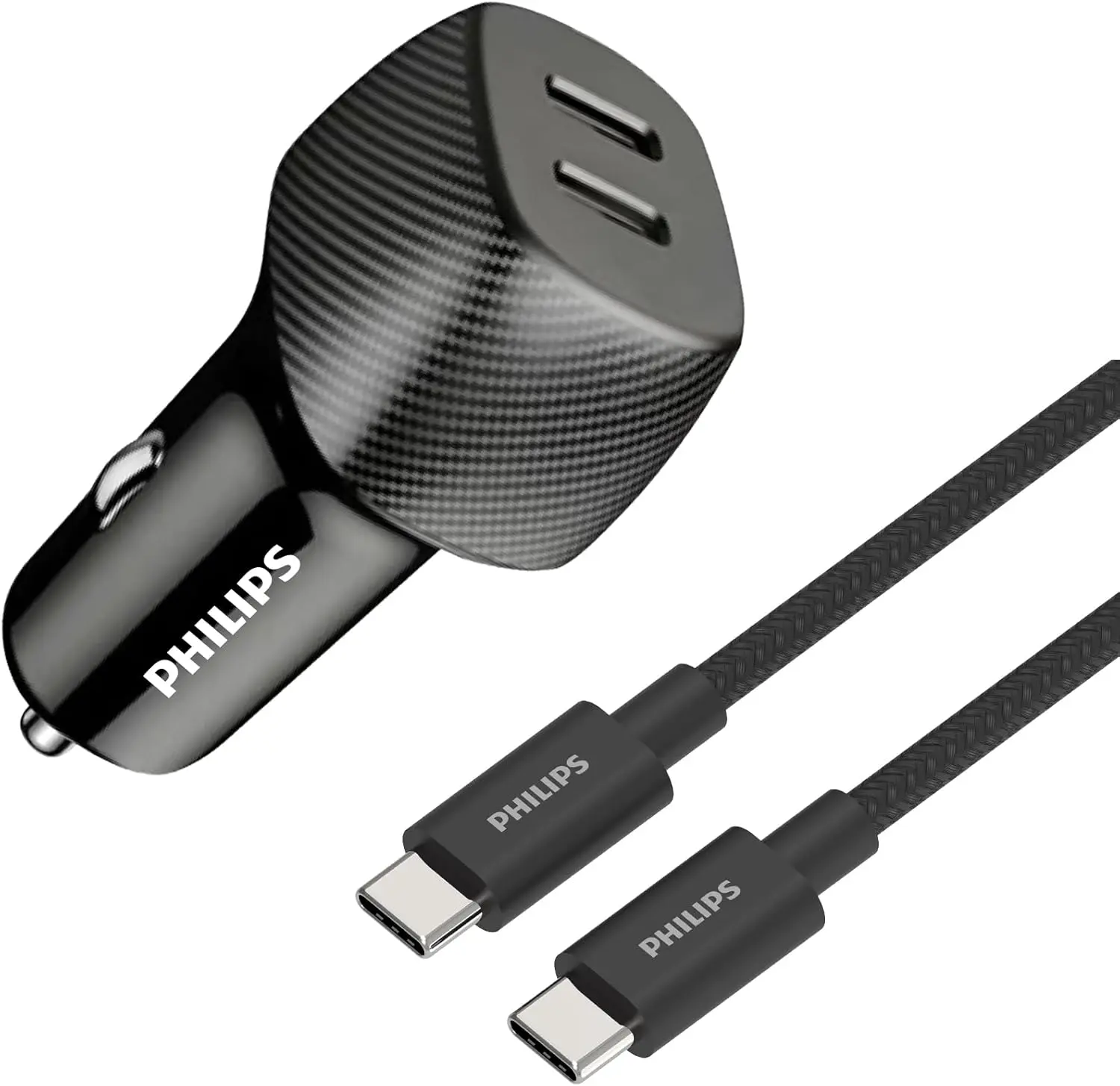 Philips DLP5522CC/00 Car Charger 2 Port USB-C Cable, 60Watts, Black, 50% Charge in 30 Minutes, Smart Protection Technology DLP5522CC/00 