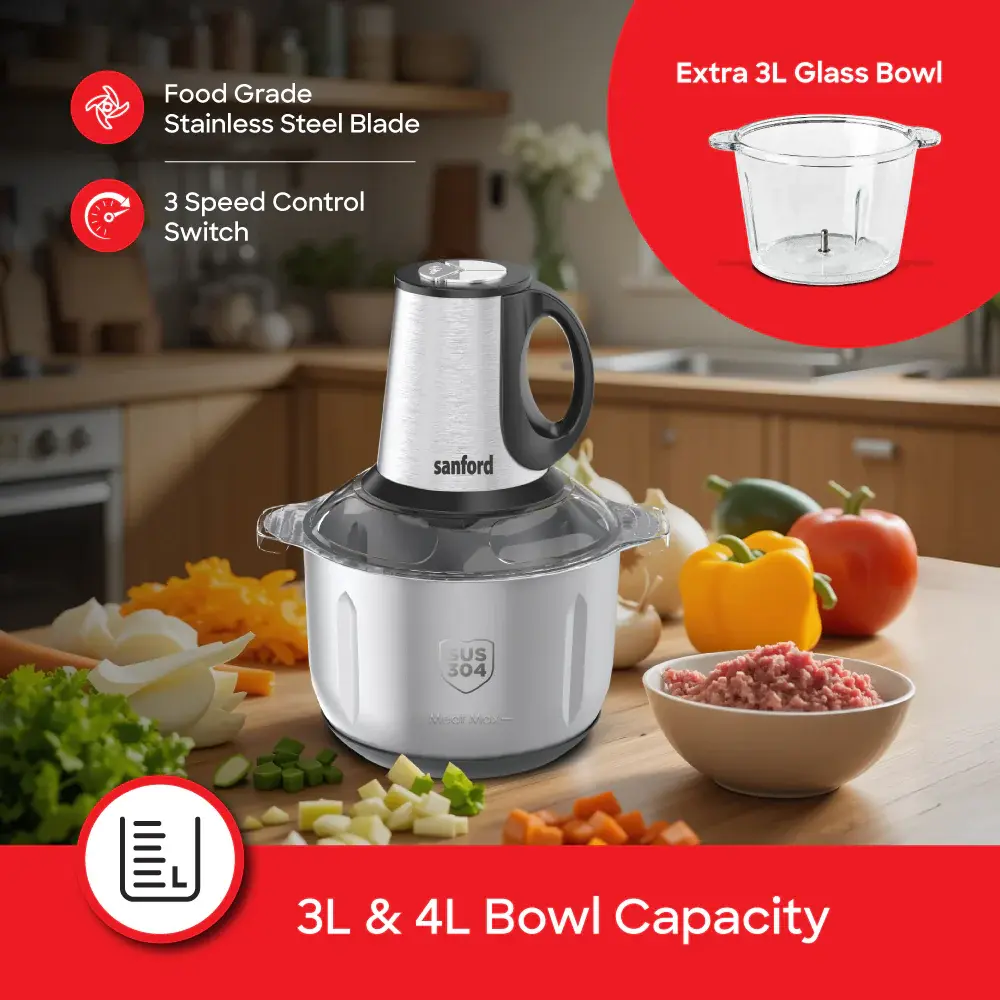 SANFORD FOOD CHOPPER 600W 4L STEEL 3L GLASS SF5594FC BS 
