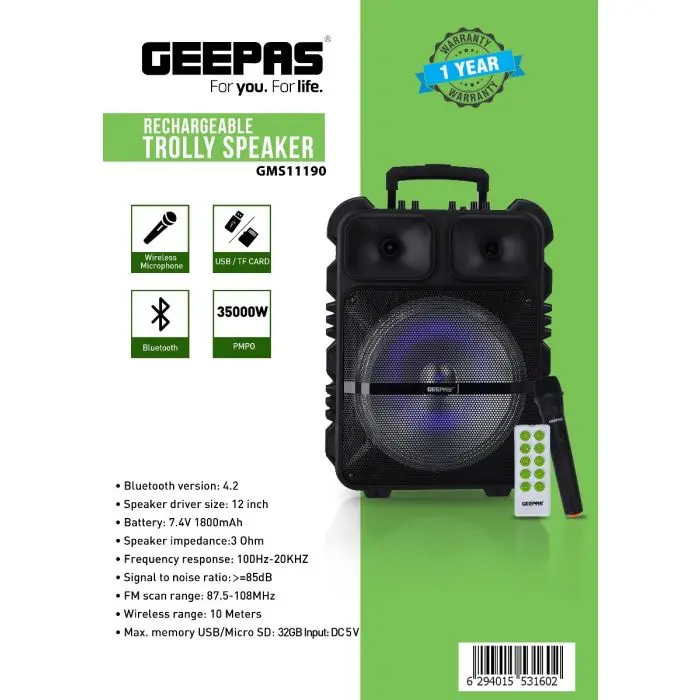 GEEPAS TROLLY SPEAKER GMS11190 MADE IN CHINA ( 2 YEAR FULL WARRANTY )