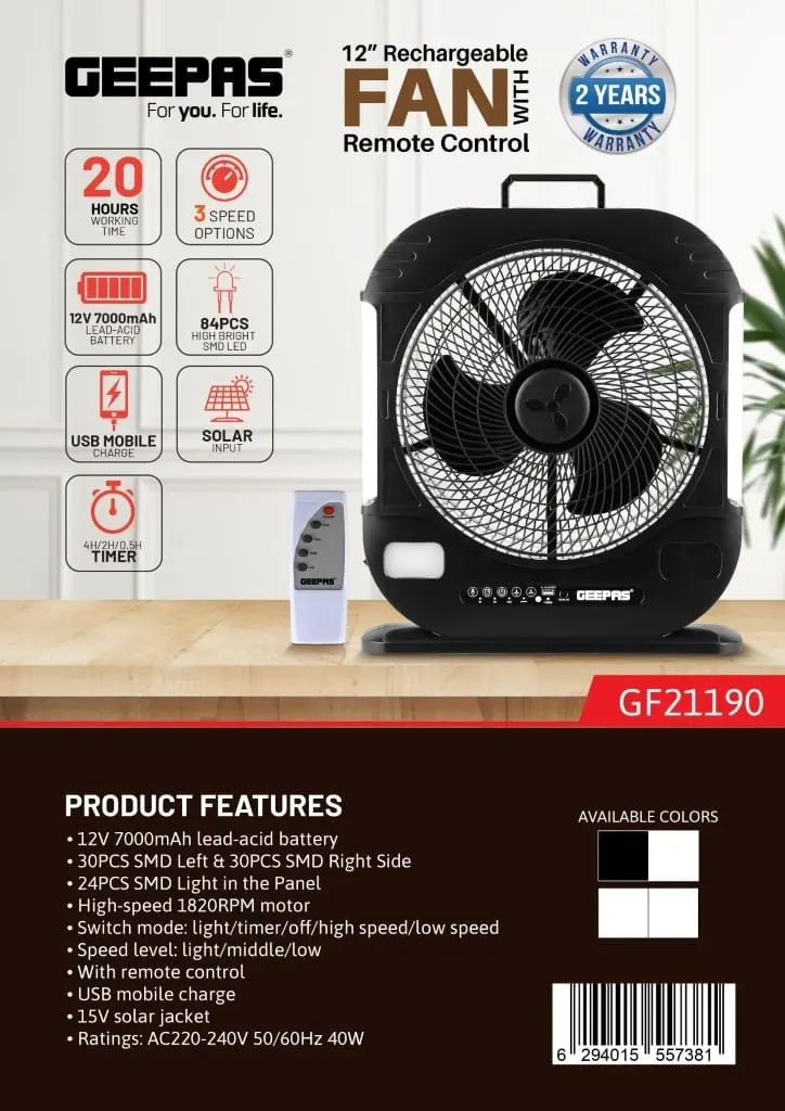 Geepas GF21190 12 Rechargeable Fan with Remote Control 20 Hours Battery Backup LED Light USB Charging Adjustable Speed Energy Efficient 