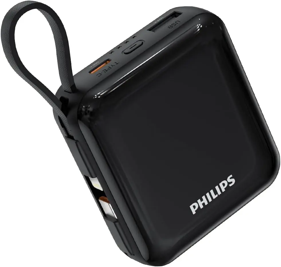 Philips DLP5713CB/00 Power Bank, 10,000 mAh, Maximum 22.5 W output, Black 20 W charging port, 50% charge in 30 minutes.
