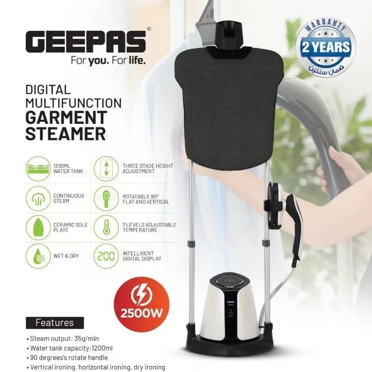 GEEPAS GARMENT STEAMER 2500W 1200ML 7 LEVEL GGS25038 MADE IN CHINA ( 2 YEAR FULL WARRANTY )