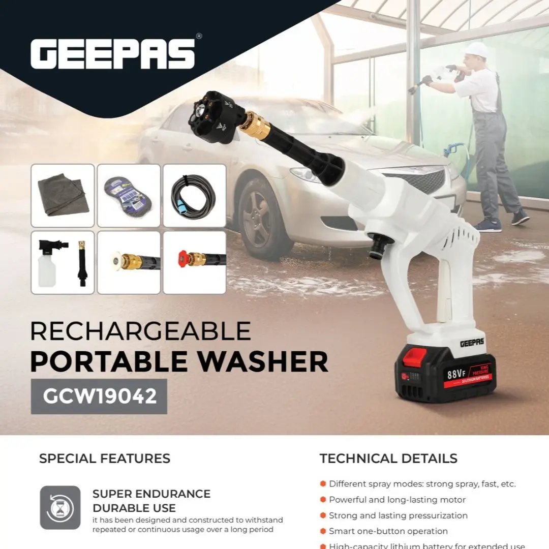 GEEPAS PORTABLE WASHER RECHARGEABLE 7.5 METER HOSE 2600mAh GCW19042 MADE IN CHINA ( 2 YEAR FULL WARRANTY )