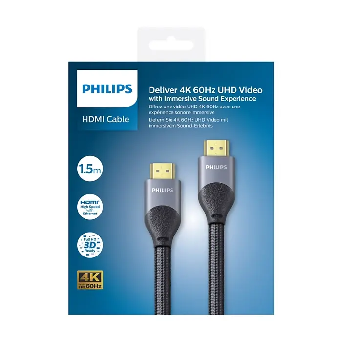 Philips SWV7015/10 HDMI cable, 4K 60Hz, 1,5 m, 18 Gbps, 3D experience, 28 AWG pure copper wire for best picture and sound quality.