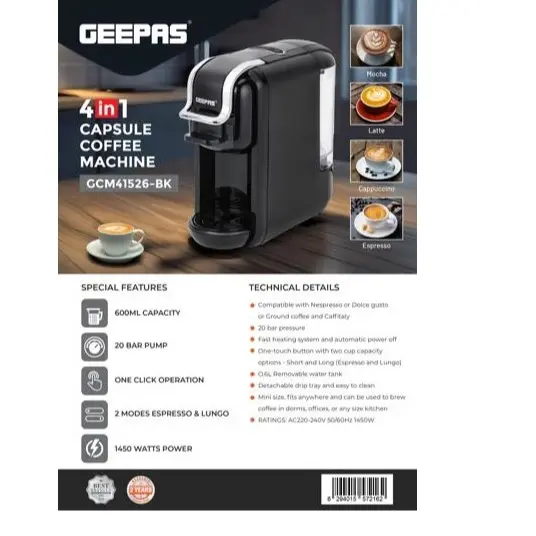 GEEPAS COFFEE MACHINE 4 IN 1 BLACK GCM41526-BK MADE IN CHINA ( 2 YEAR FULL WARRANTY )