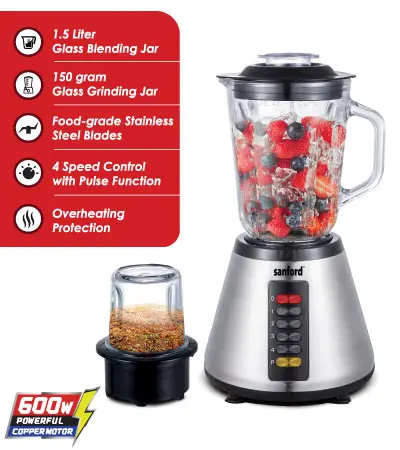 SANFORD BLENDER 600W 1.5L GLASS SF6815 MADE IN CHINA ( 2 YEAR FULL WARRANTY )